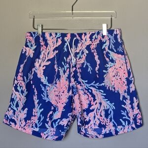 Lilly Pulitzer Capri Board Shorts Borealis Blue Swim on Over Coral-Print Resort